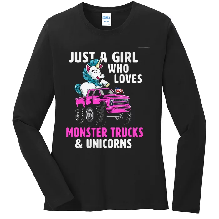 Just A Who Loves Monster Trucks And Unicorns Gift Ladies Long Sleeve Shirt