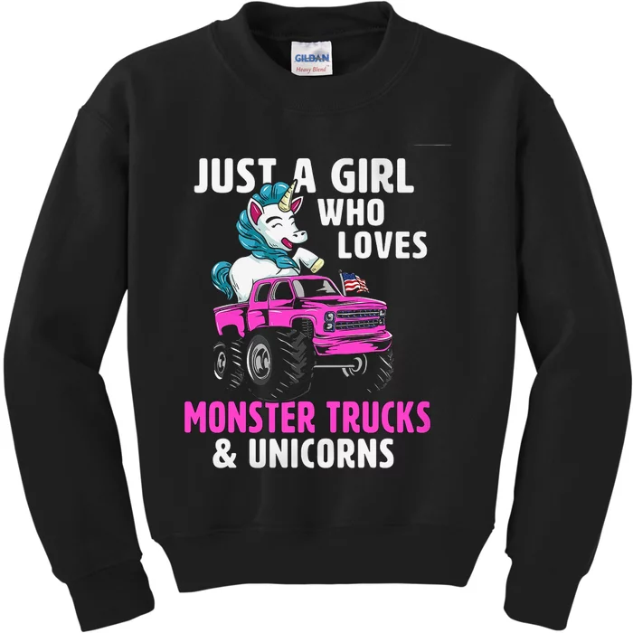 Just A Who Loves Monster Trucks And Unicorns Gift Kids Sweatshirt