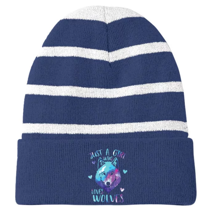 Just A Who Loves Wolves Themed Galaxy Space Wolf Lover Striped Beanie with Solid Band