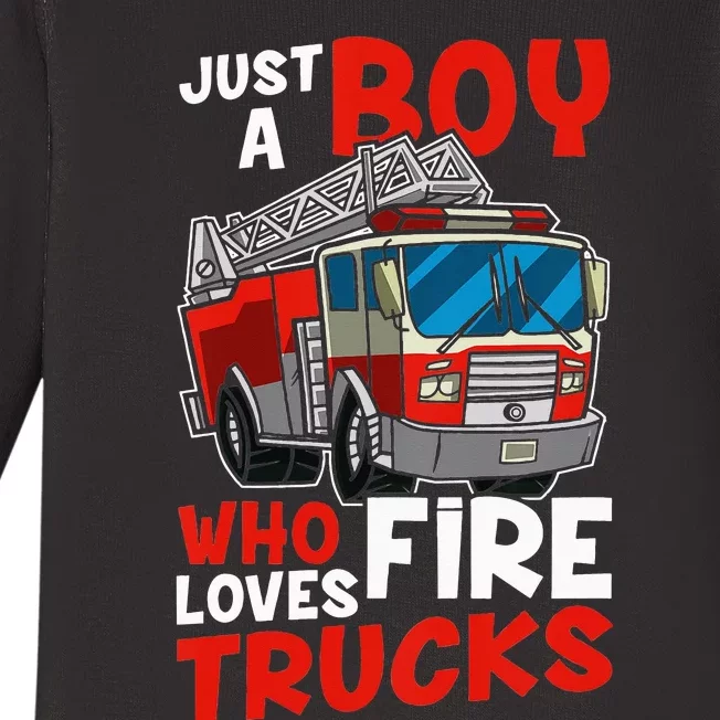 Just A  Who Loves Fire Trucks Baby Long Sleeve Bodysuit