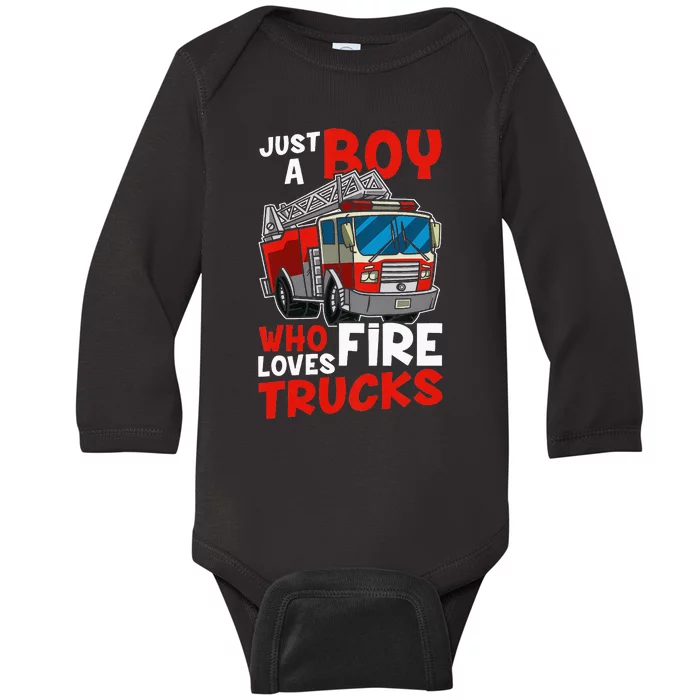 Just A  Who Loves Fire Trucks Baby Long Sleeve Bodysuit