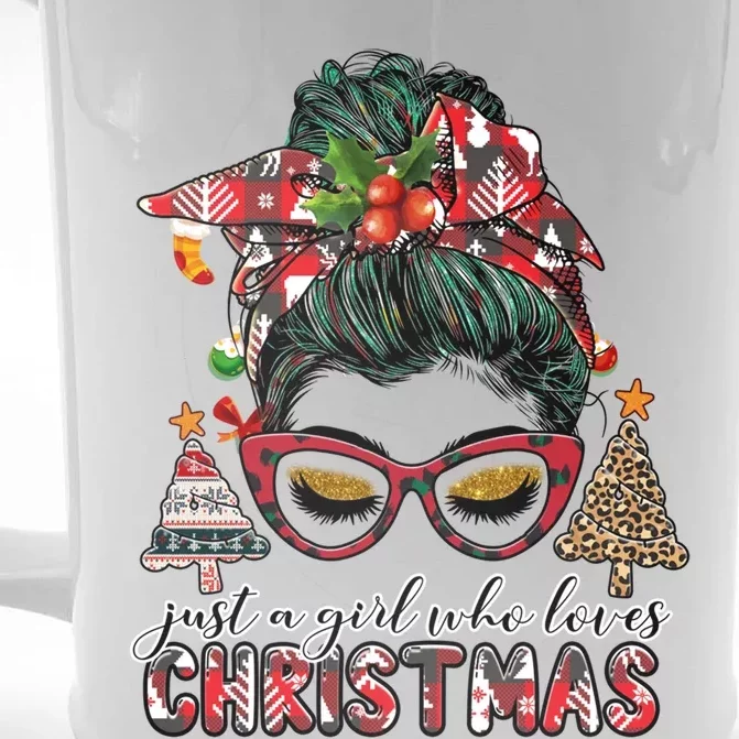 Just A Who Loves Christmas Messy Bun Xmas Plaid Cool Gift Front & Back Beer Stein