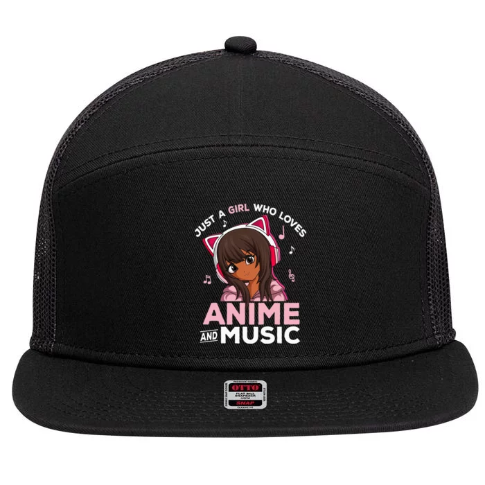 Just A  Who Loves Anime and Music Black  Anime 7 Panel Mesh Trucker Snapback Hat