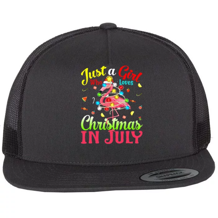 Just A  Who Loves Christmas In July Flamingo Flat Bill Trucker Hat