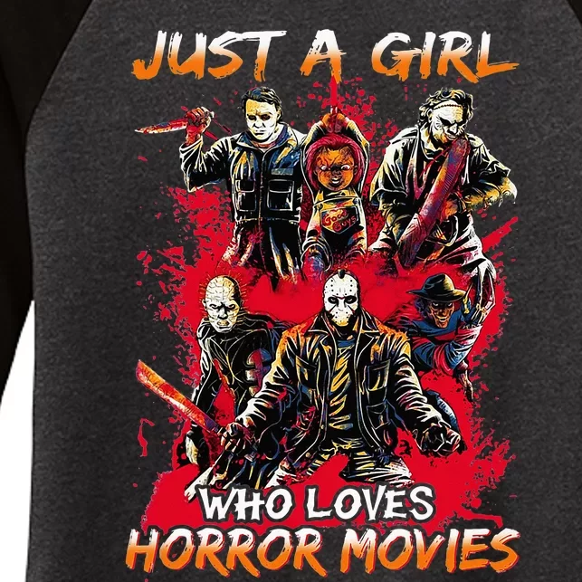 Just A  Who Loves Horror Movies Women's Tri-Blend 3/4-Sleeve Raglan Shirt