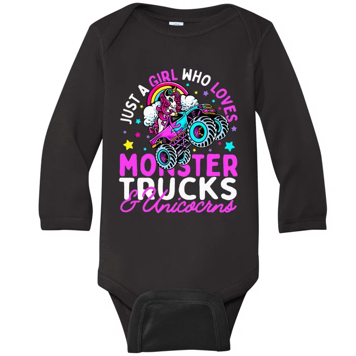 Just a  Who Loves Monster Trucks and Unicornsx Baby Long Sleeve Bodysuit