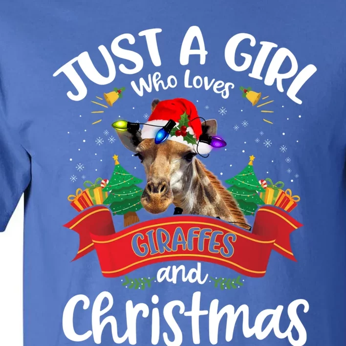 Just A Who Loves Giraffes And Christmas Santa Hat Lights Gift Tall T-Shirt