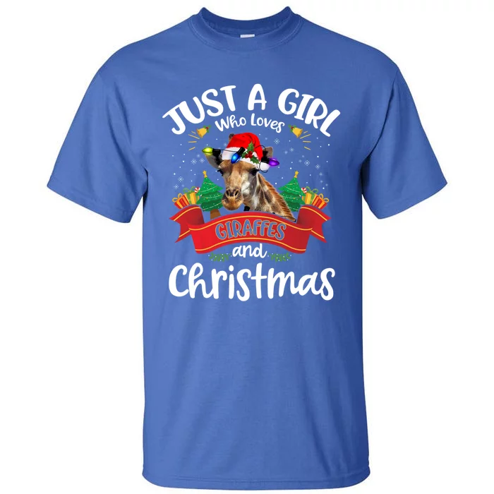 Just A Who Loves Giraffes And Christmas Santa Hat Lights Gift Tall T-Shirt