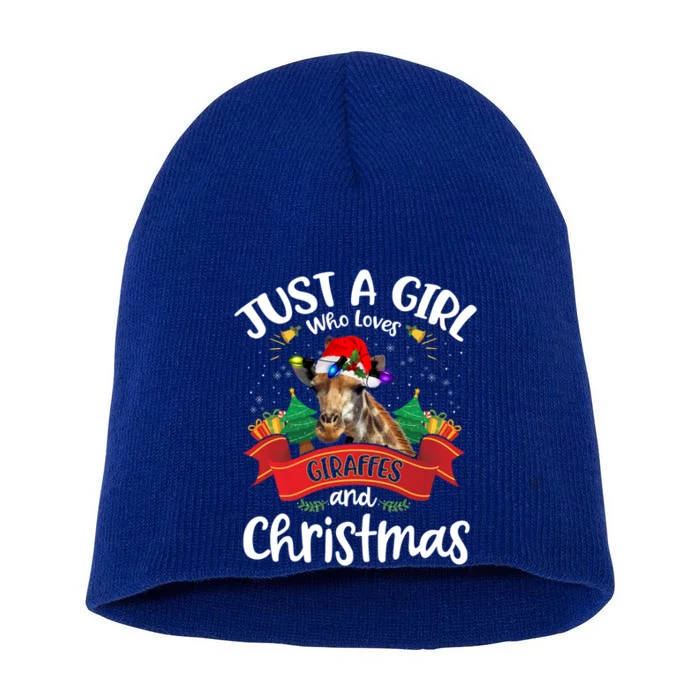 Just A Who Loves Giraffes And Christmas Santa Hat Lights Gift Short Acrylic Beanie