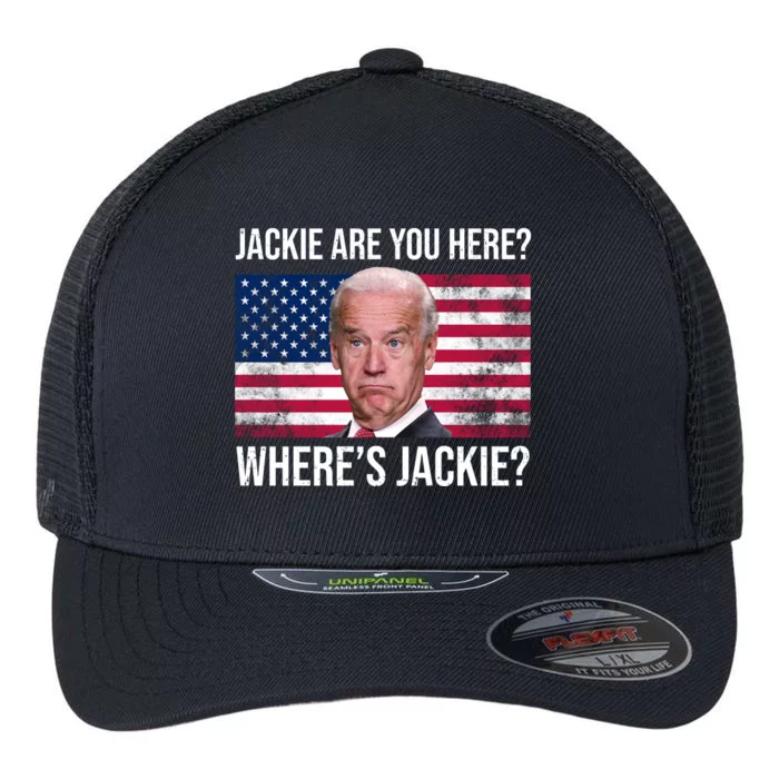 Jackie Are You Here Where's Jackie? Funny Biden Flexfit Unipanel Trucker Cap