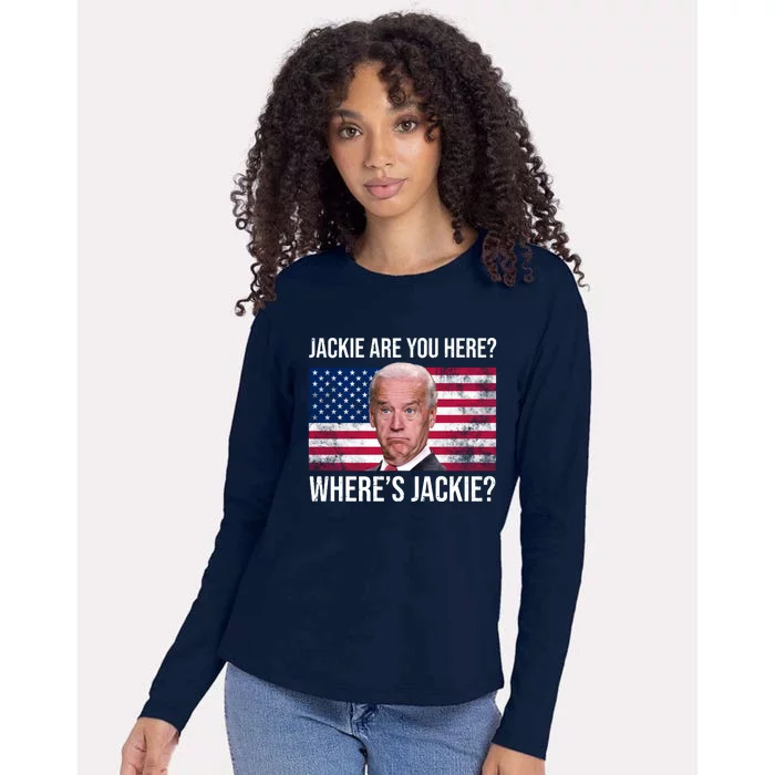 Jackie Are You Here Where's Jackie? Funny Biden Womens Cotton Relaxed Long Sleeve T-Shirt