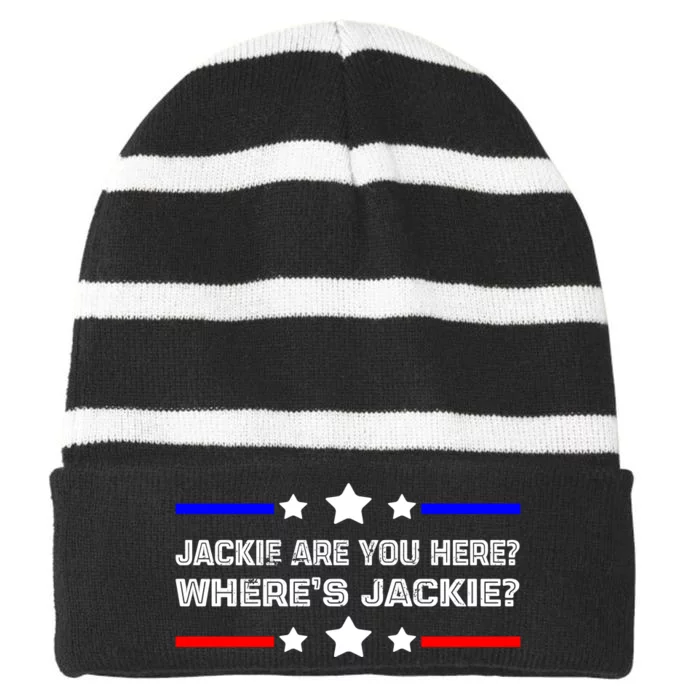 Jackie Are You Here Where's Jackie Funny Meme Striped Beanie with Solid Band