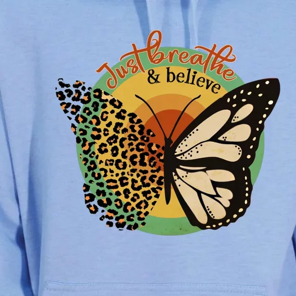 Just Breathe And Believe Keep Calm Leopard Print Butterfly Gift Unisex Surf Hoodie