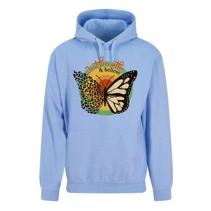 Just Breathe And Believe Keep Calm Leopard Print Butterfly Gift Unisex Surf Hoodie