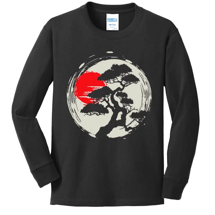 Japanese Bonsai Art Sunset Tree Lover Gardening Planting Kids Long Sleeve Shirt