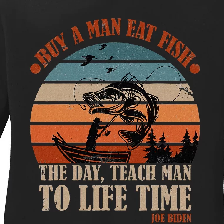 Joe Biden Buy A Man Eat Fish Fishing Retro Vintage Ladies Long Sleeve Shirt