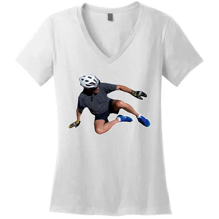 Joe Biden Bicycle Fall Funny Meme Women's V-Neck T-Shirt