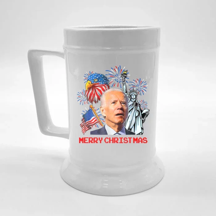 Joe Biden Confused Patriotic Merry Christmas For 4th Of July Front & Back Beer Stein