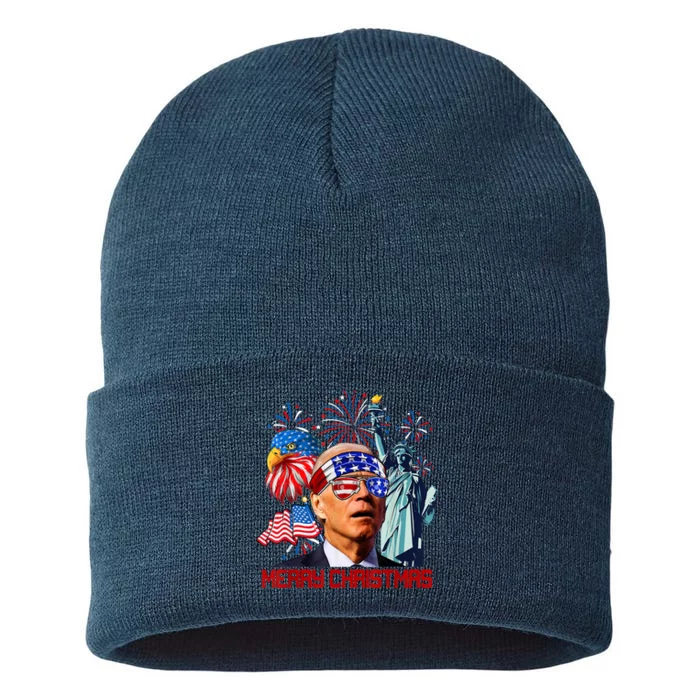 Joe Biden Confused Patriotic Merry Christmas For 4th Of July Sustainable Knit Beanie