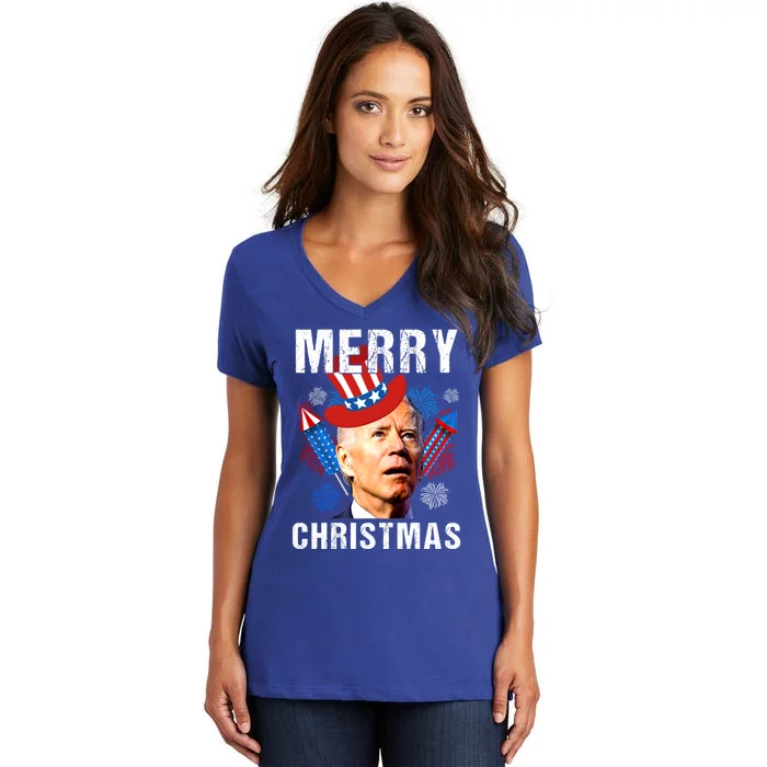 Joe Biden Confused Merry Christmas Fourth Of July Usa Flag Gift Women's V-Neck T-Shirt