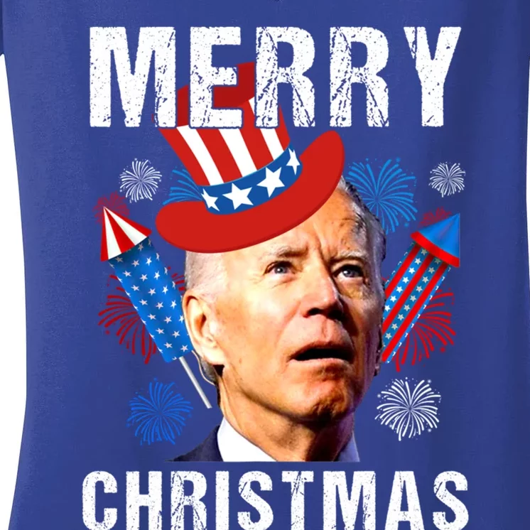 Joe Biden Confused Merry Christmas Fourth Of July Usa Flag Gift Women's V-Neck T-Shirt