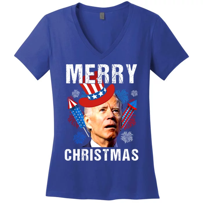 Joe Biden Confused Merry Christmas Fourth Of July Usa Flag Gift Women's V-Neck T-Shirt