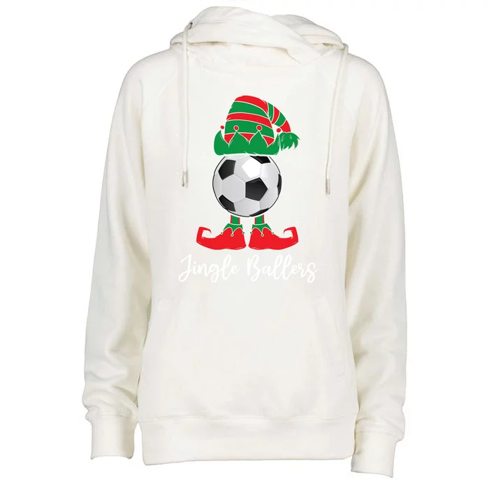 Jingle Ballers Christmas Soccer Ball Xmas Elf Squad Holiday Gift Womens Funnel Neck Pullover Hood