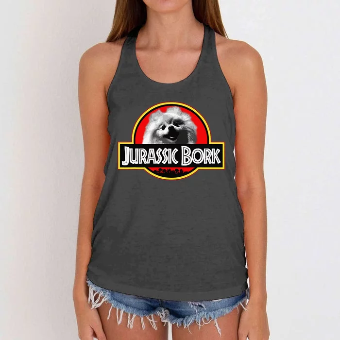 Jurassic Bork Doggo Pomeranian funny Women's Knotted Racerback Tank