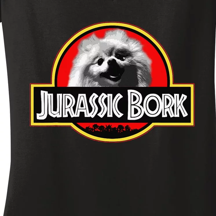 Jurassic Bork Doggo Pomeranian funny Women's V-Neck T-Shirt