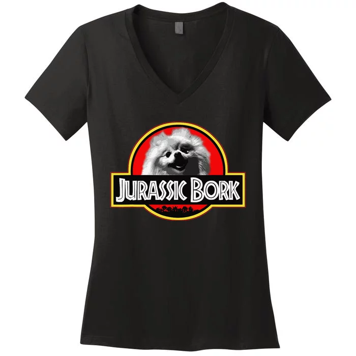 Jurassic Bork Doggo Pomeranian funny Women's V-Neck T-Shirt