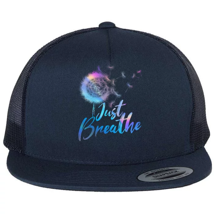 Just Breathe Dandelion Wildflower Botanical Nature Flower Great Gift Flat Bill Trucker Hat