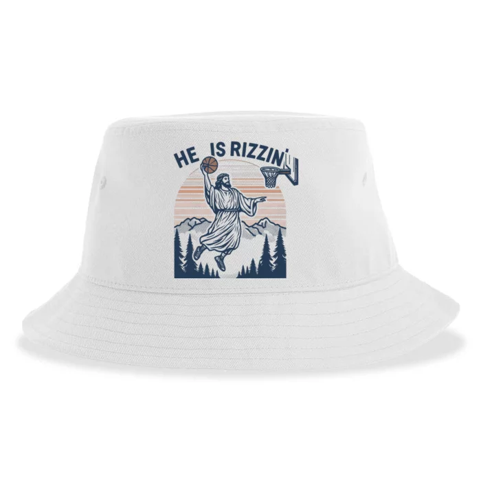 Jesus Basketball Easter He Is Rizzin Basketball God Vintage Funny Sustainable Bucket Hat