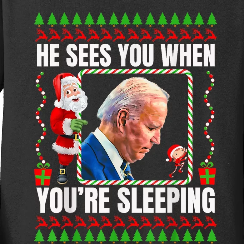 Joe Biden Funny Christmas He Sees You When You’Re Sleeping Kids Long Sleeve Shirt