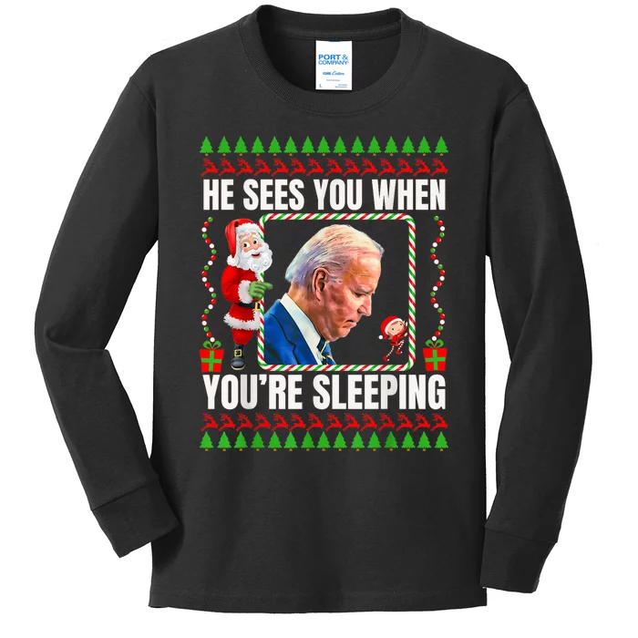 Joe Biden Funny Christmas He Sees You When You’Re Sleeping Kids Long Sleeve Shirt