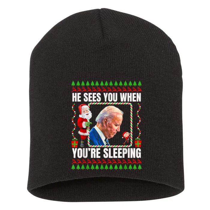 Joe Biden Funny Christmas He Sees You When You’Re Sleeping Short Acrylic Beanie