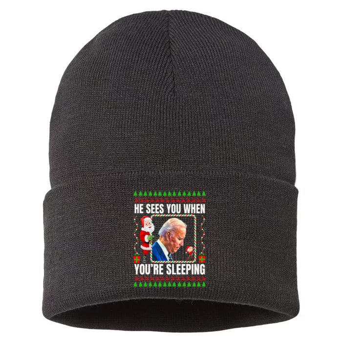 Joe Biden Funny Christmas He Sees You When You’re Sleeping Sustainable Knit Beanie