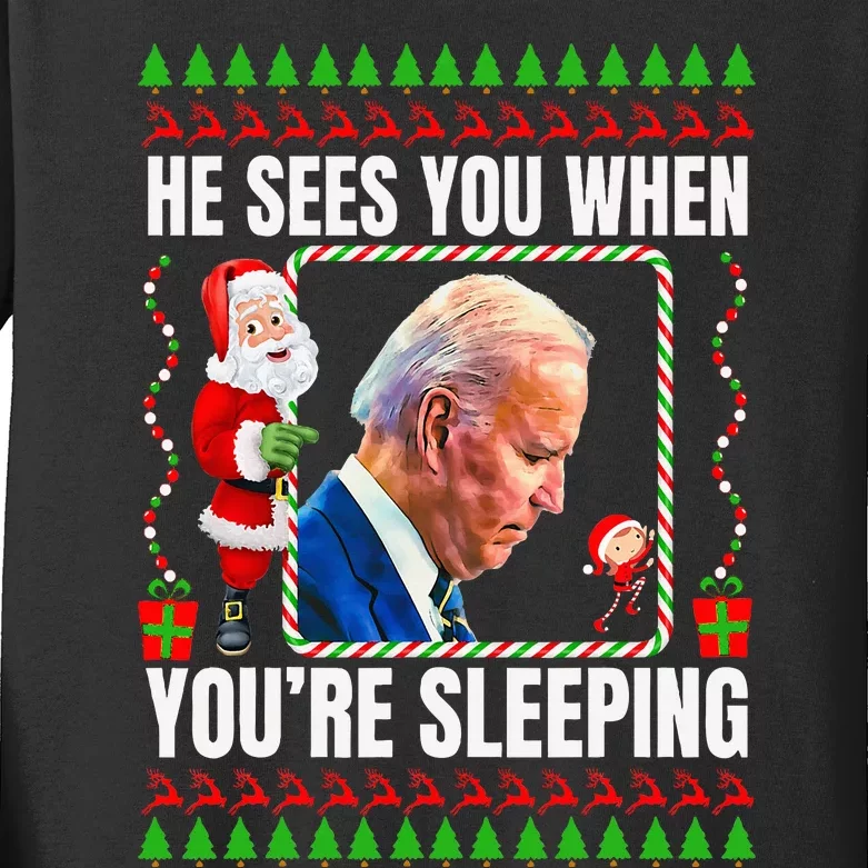 Joe Biden Funny Christmas He Sees You When You’re Sleeping Kids Long Sleeve Shirt