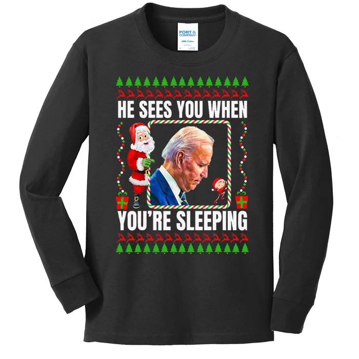 Joe Biden Funny Christmas He Sees You When You’re Sleeping Kids Long Sleeve Shirt