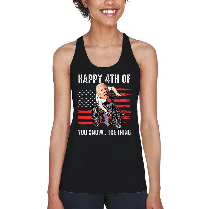 Joe Biden Falling Off His Bicycle Funny 4th Of July US Flag Women's Racerback Tank