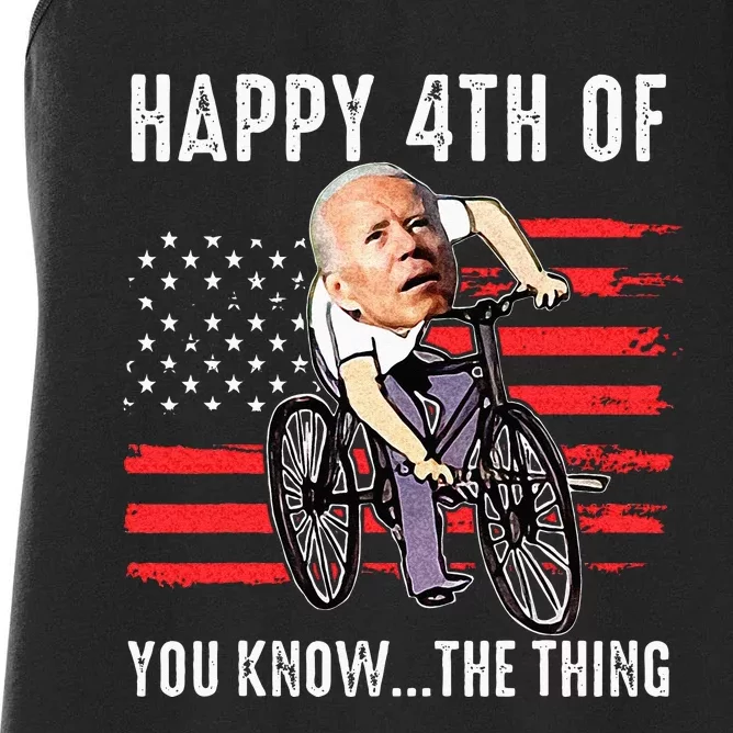 Joe Biden Falling Off His Bicycle Funny 4th Of July US Flag Women's Racerback Tank