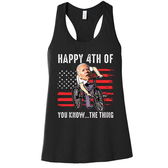 Joe Biden Falling Off His Bicycle Funny 4th Of July US Flag Women's Racerback Tank