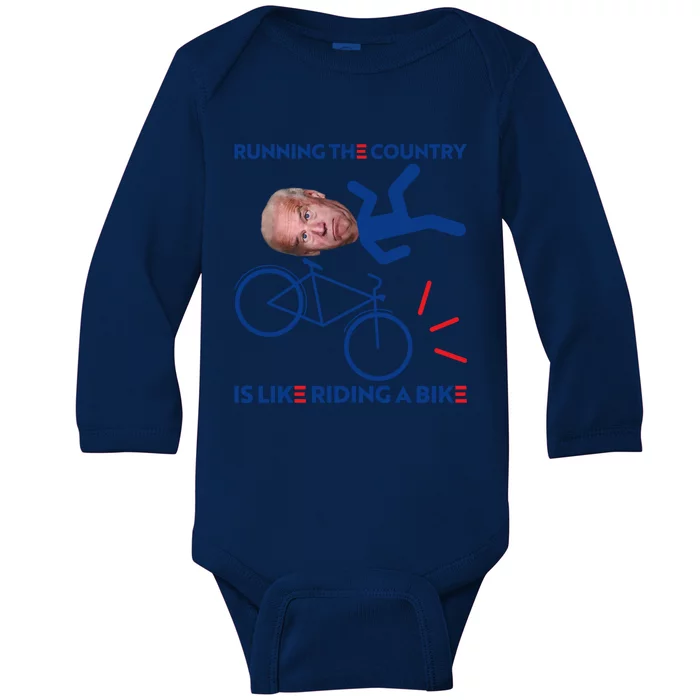 Joe Biden Falling Off Bike, Running The Country Is Like Riding A Bike Baby Long Sleeve Bodysuit