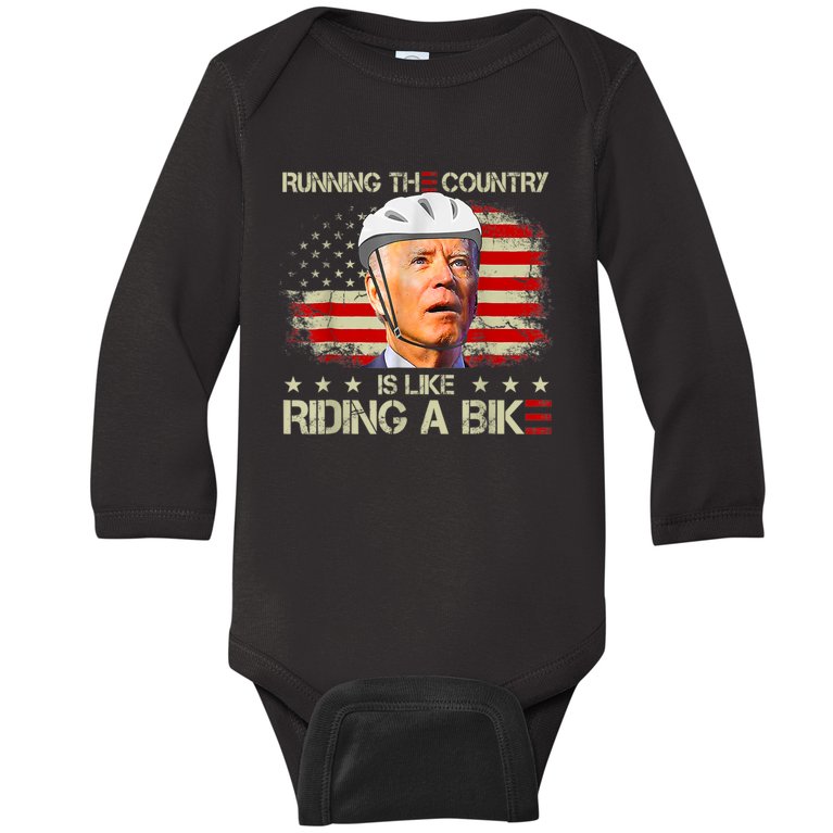 Joe Biden Falling Off Bike, Running The Country Is Like Riding A Bike Baby Long Sleeve Bodysuit