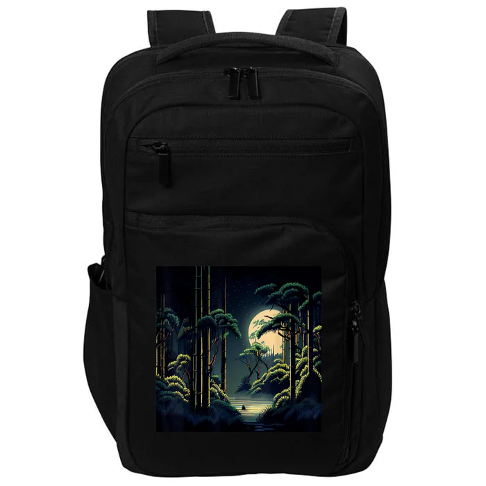 Japanese Bamboo Forest Pixelated Moonlight River Impact Tech Backpack