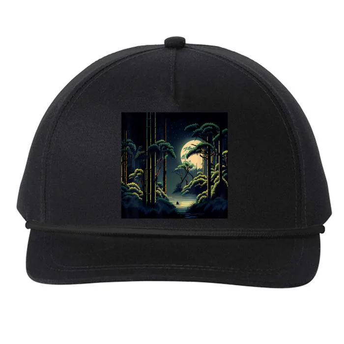 Japanese Bamboo Forest Pixelated Moonlight River Snapback Five-Panel Rope Hat