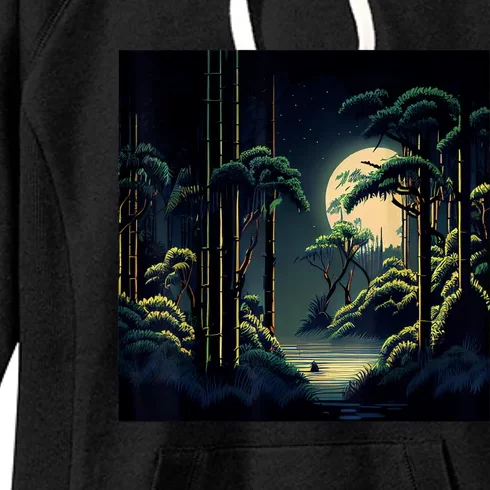 Japanese Bamboo Forest Pixelated Moonlight River Women's Fleece Hoodie