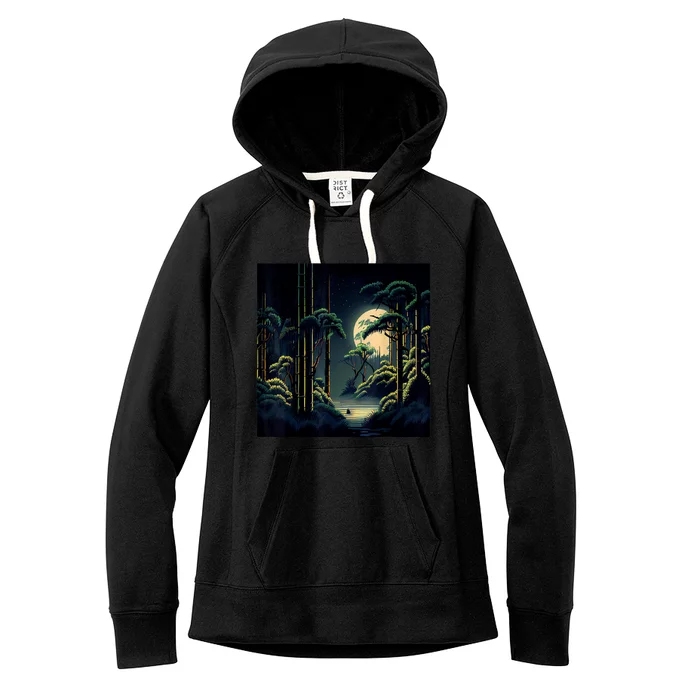 Japanese Bamboo Forest Pixelated Moonlight River Women's Fleece Hoodie