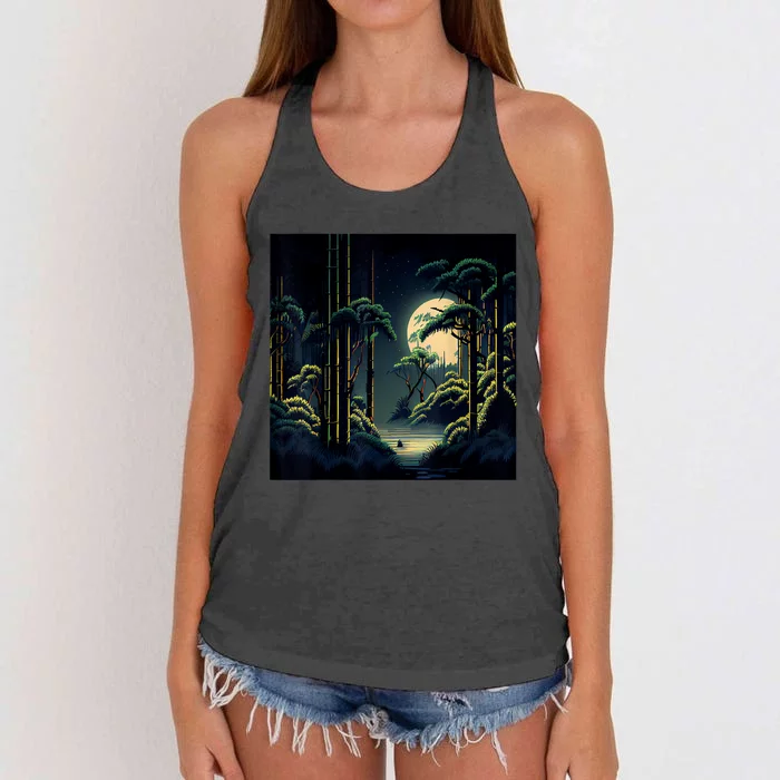 Japanese Bamboo Forest Pixelated Moonlight River Women's Knotted Racerback Tank