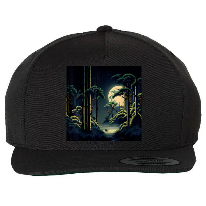 Japanese Bamboo Forest Pixelated Moonlight River Wool Snapback Cap