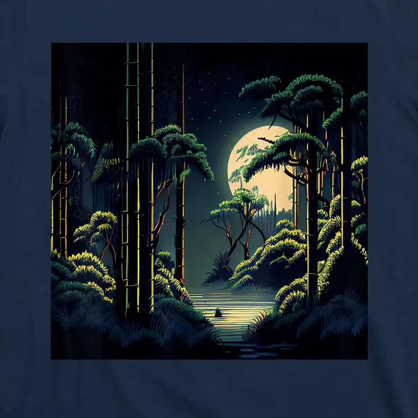 Japanese Bamboo Forest Pixelated Moonlight River T-Shirt